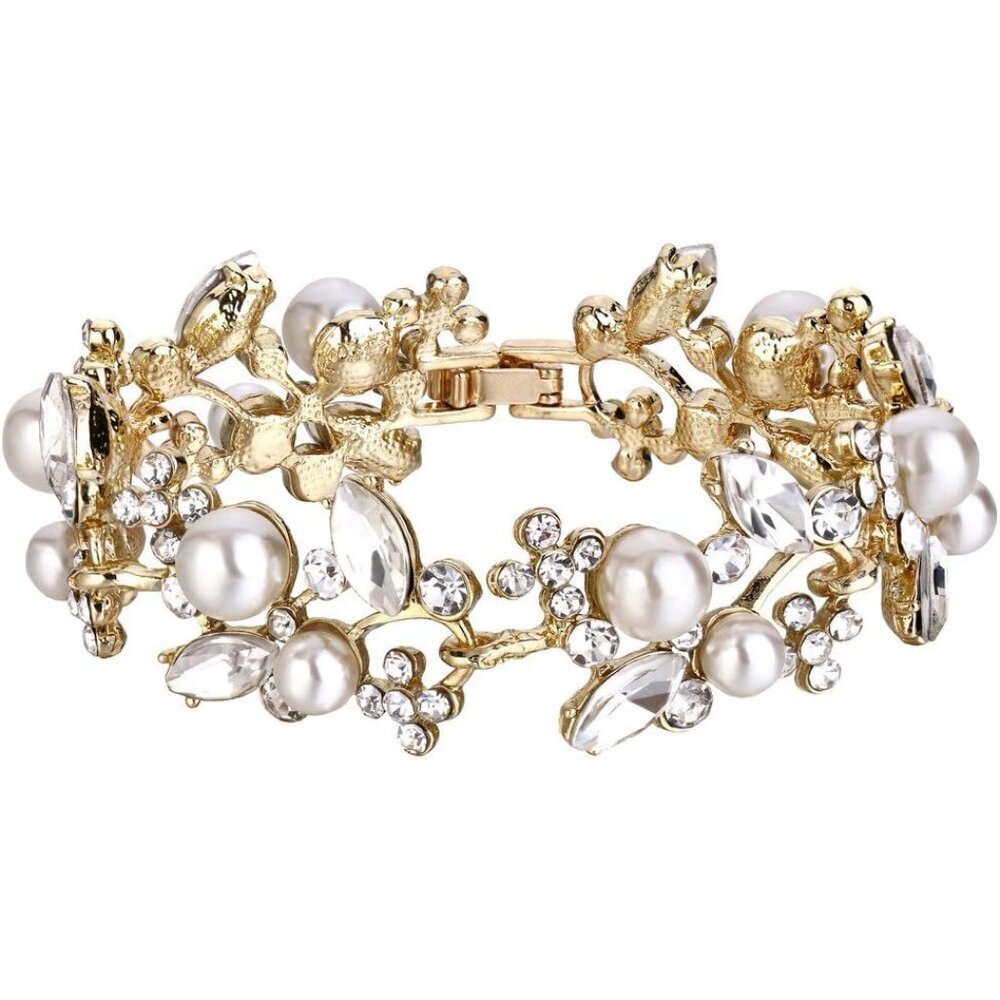 Austrian Crystal White Simulated Pearl Bridal Floral Leaf Tennis Bracelet Clear